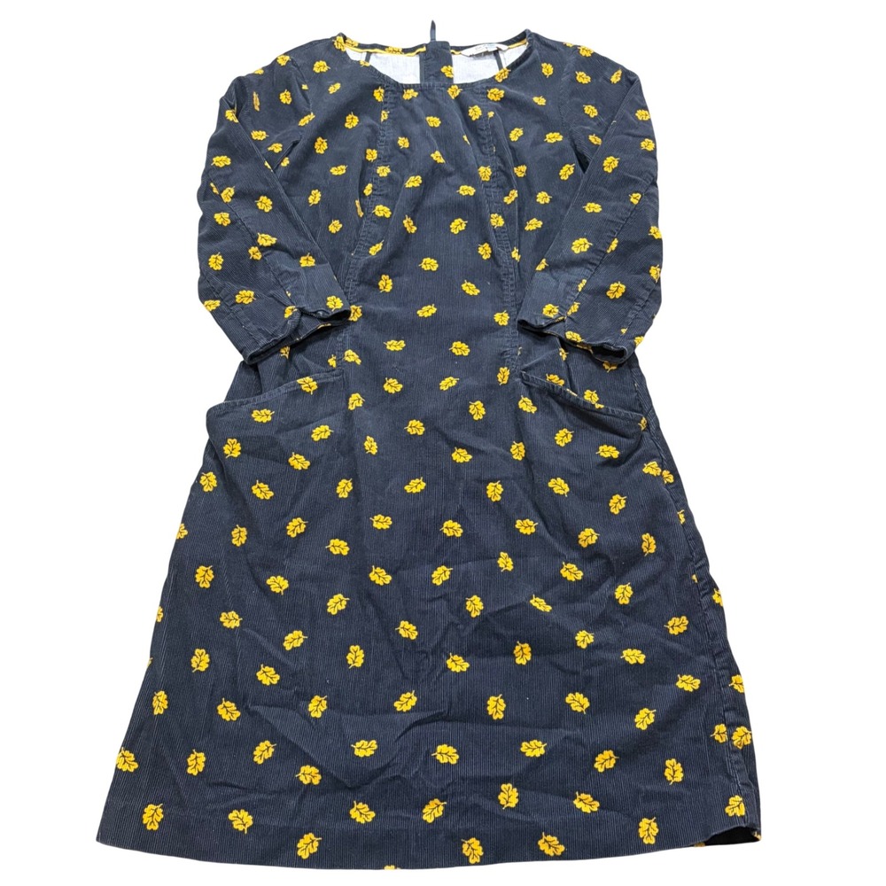 Boden Navy Blue Yellow Oak Leaf Corduroy Shift Dress Pockets US 4R UK 8R